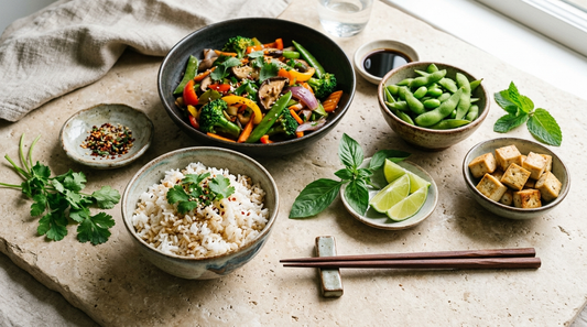 Frisches asiatisches Gericht mit Reis, gebratenem Gemüse, Tofu, Edamame und frischen Kräutern