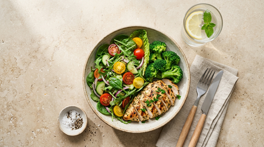 Leichte, ausgewogene Mahlzeit mit buntem Salat, magerem Eiweiß, gedünstetem Gemüse und einem Glas Wasser