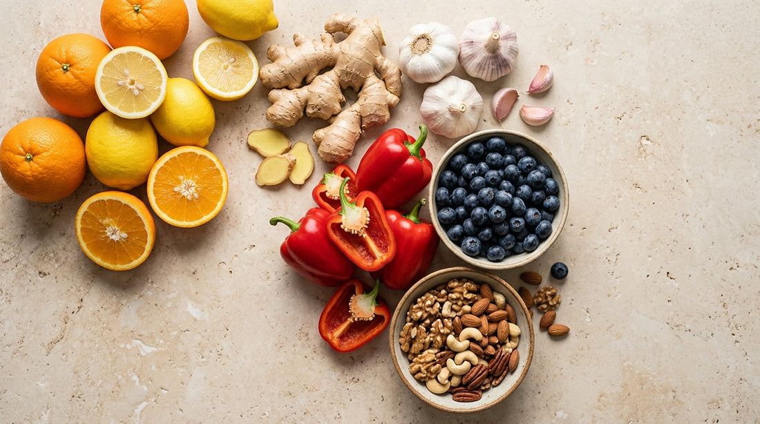 Immunstärkende Lebensmittel: Orangen, Zitronen, Ingwer, Knoblauch, Paprika, Beeren und Nüsse