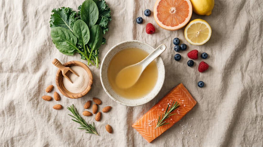 Kollagenreiche Lebensmittel wie Knochenbrühe, Lachs, Zitrusfrüchte und Beeren auf hellem Untergrund