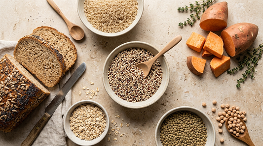 Editorial Flatlay mit komplexen Kohlenhydraten wie Haferflocken, braunem Reis, Quinoa, Süßkartoffeln und Hülsenfrüchten