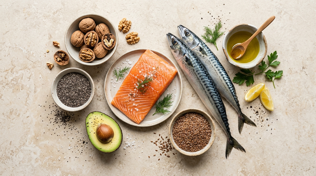 Omega-3-reiche Lebensmittel: Lachs, Makrele, Walnüsse, Chia- und Leinsamen und Avocado auf hellem Untergrund