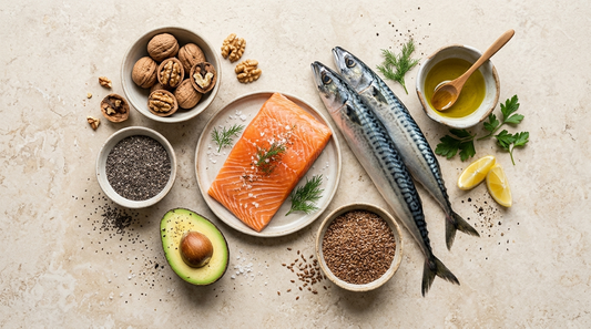 Omega-3-reiche Lebensmittel: Lachs, Makrele, Walnüsse, Chia- und Leinsamen und Avocado auf hellem Untergrund