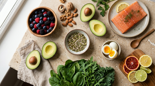 Editorial Flatlay mit Beeren, Nüssen, Avocado, Lachs, Zitrusfrüchten und Blattgemüse als Lebensmittel für Haut, Haar und Wohlbefinden