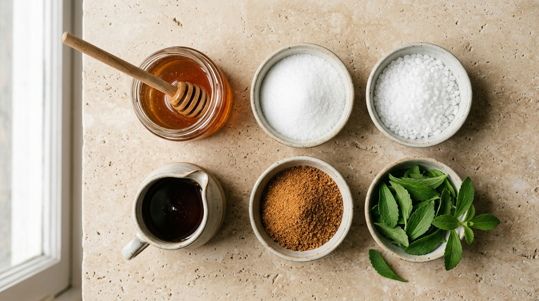 Natürliche Zuckeralternativen: Honig, Ahornsirup, Xylit, Erythrit, Kokosblütenzucker und Stevia