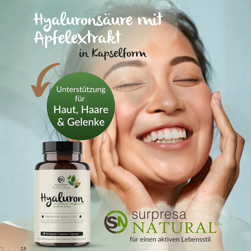 hochdosierte 500 mg Hyaluronsäure pro Kapsel plus 3 mg Apfelextrakt. 90 Kapseln