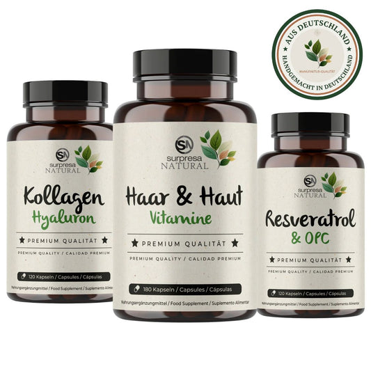 Hautjugend Trio Beauty Bundle mit Kollagen Hyaluron, Haut & Haar und Resveratrol & OPC – Premium Nahrungsergänzung für Schönheit von innen