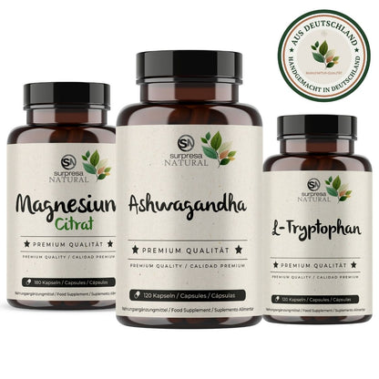 Innere Ruhe Trio Anti-Stress Bundle mit Magnesium Citrate, Ashwagandha und L-Tryptophan – Premium Nahrungsergänzung für Schlaf und Entspannung