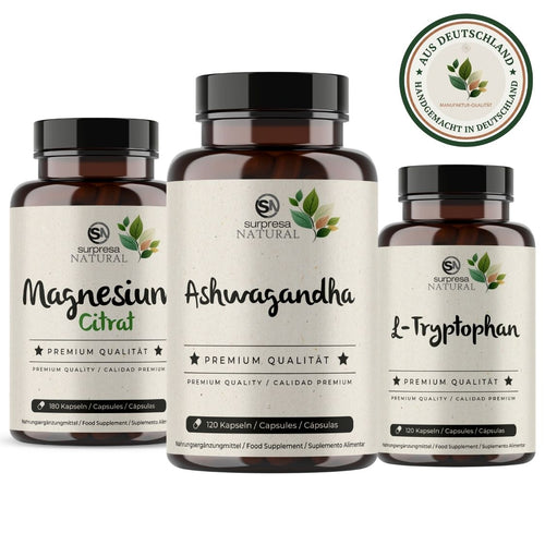 Innere Ruhe Trio Anti-Stress Bundle mit Magnesium Citrate, Ashwagandha und L-Tryptophan – Premium Nahrungsergänzung für Schlaf und Entspannung