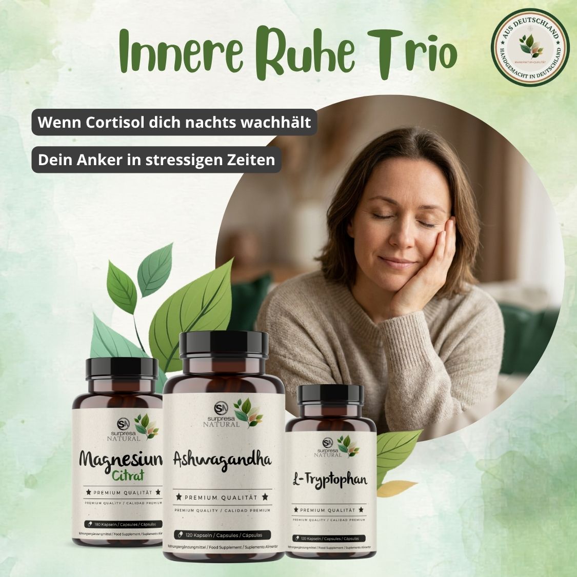 Innere Ruhe Trio Vorteilsset – drei Premium-Nahrungsergänzungsmittel für Stressregulation und gesunden Schlaf