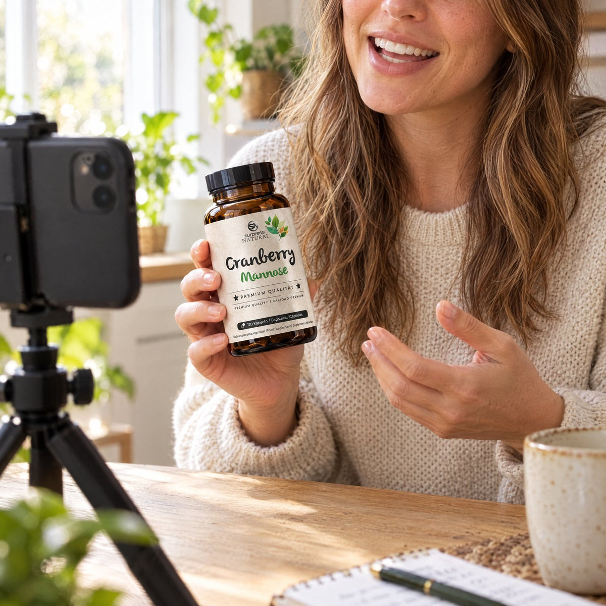 Creatorin filmt ein Video mit einer Dose Surpresa Natural Cranberry Mannose
