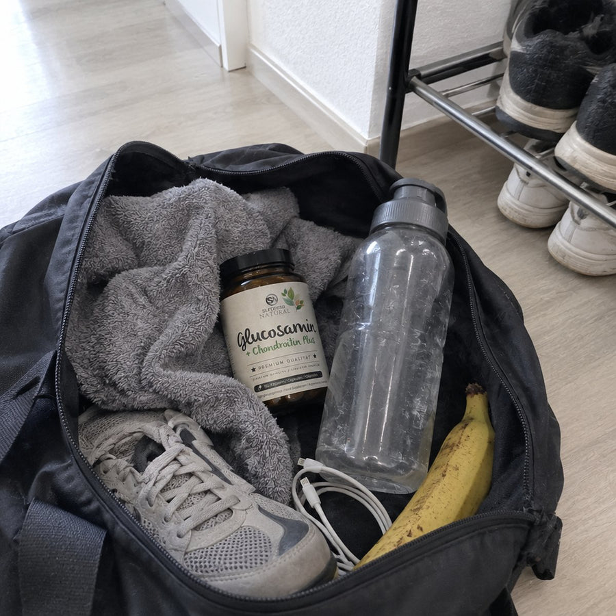 Offene Sporttasche mit Handtuch, Trinkflasche und Surpresa Natural Glucosamin + Chondroitin