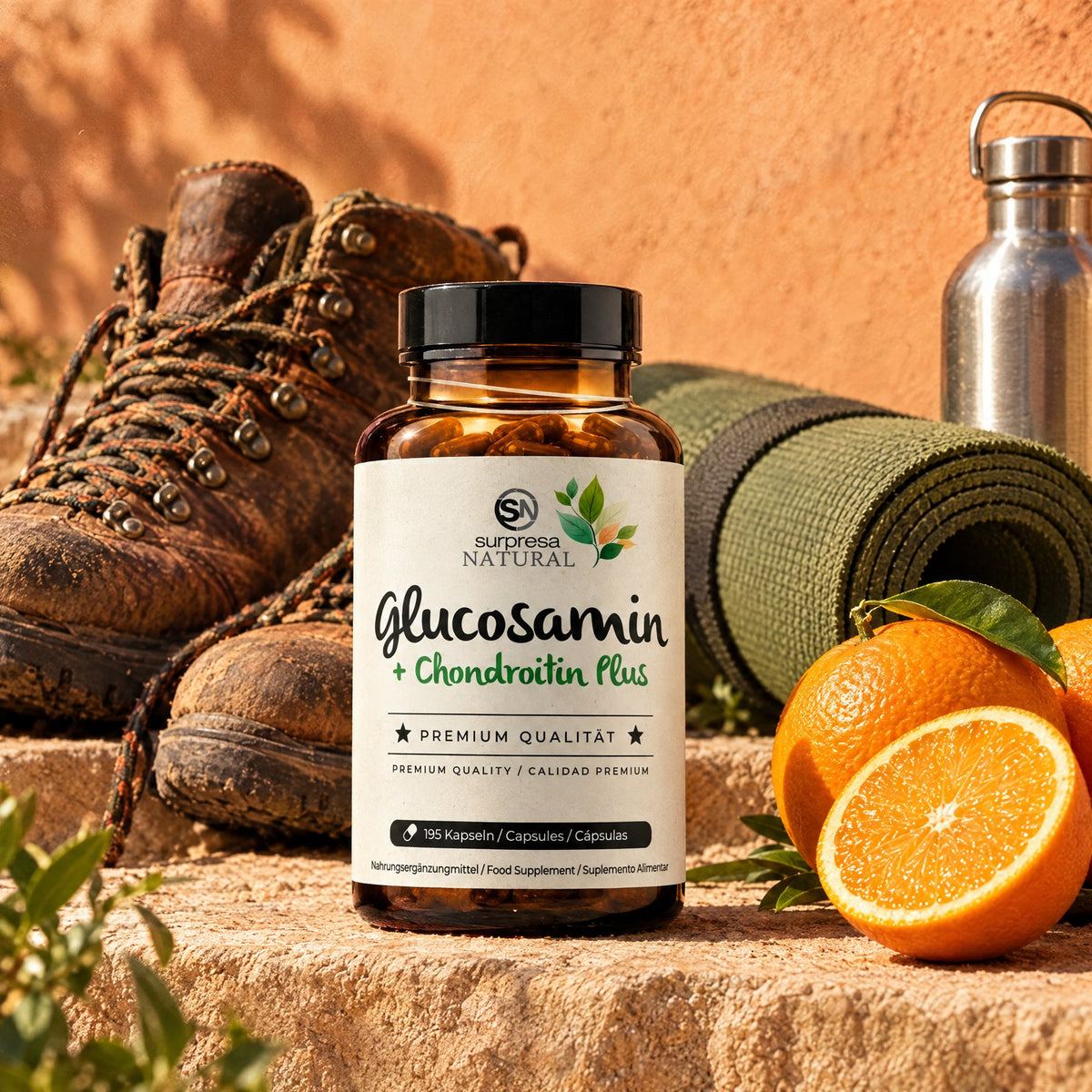 Surpresa Natural Glucosamin + Chondroitin Plus mit Wanderstiefeln und Orangen in der Sonne