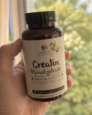 Kunde haelt Surpresa Natural Creatin Monohydrat Dose am Fenster