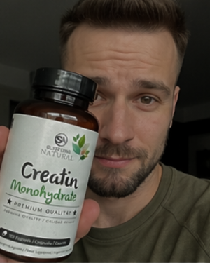 Kunde zeigt Surpresa Natural Creatin Monohydrat Dose in die Kamera